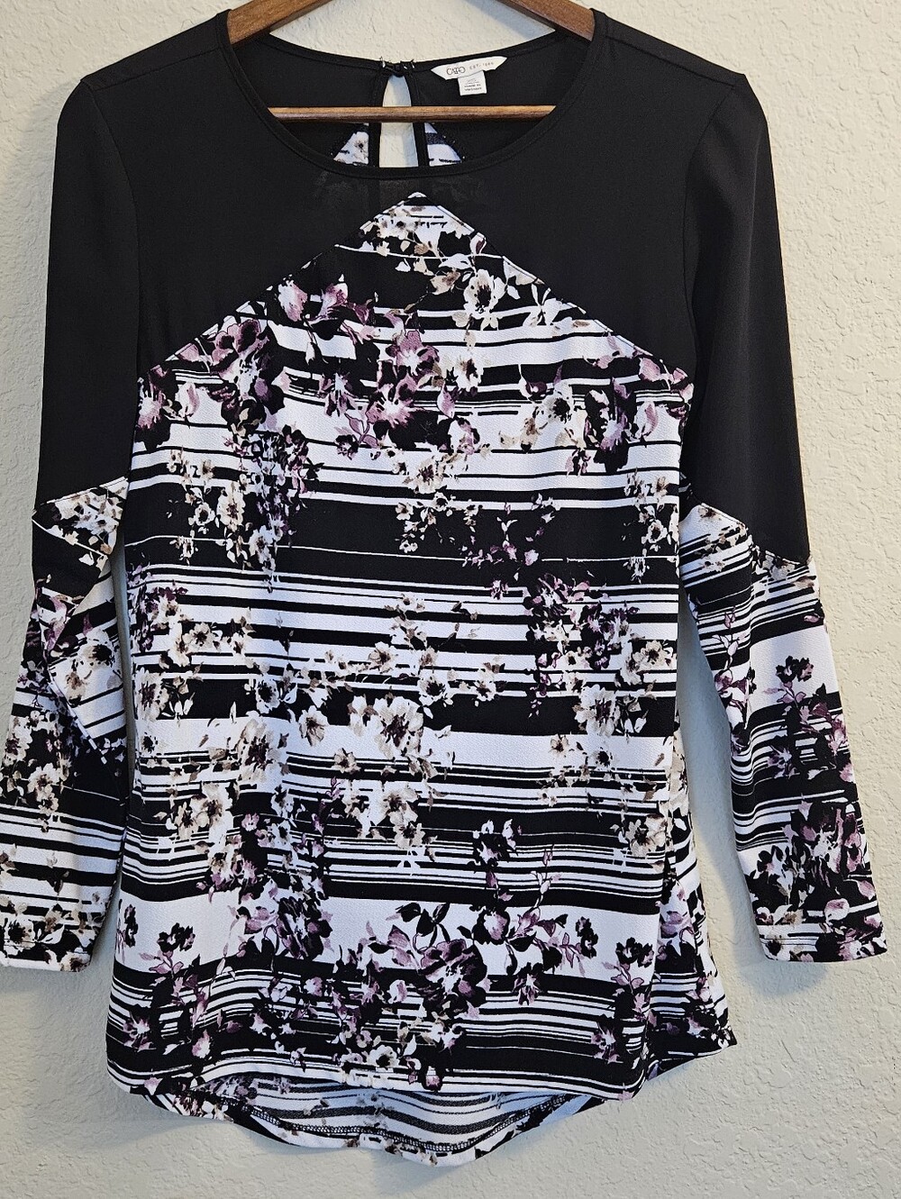 Cato Tunic Blouse Womens XS Black Purple Cream Floral Business Casual